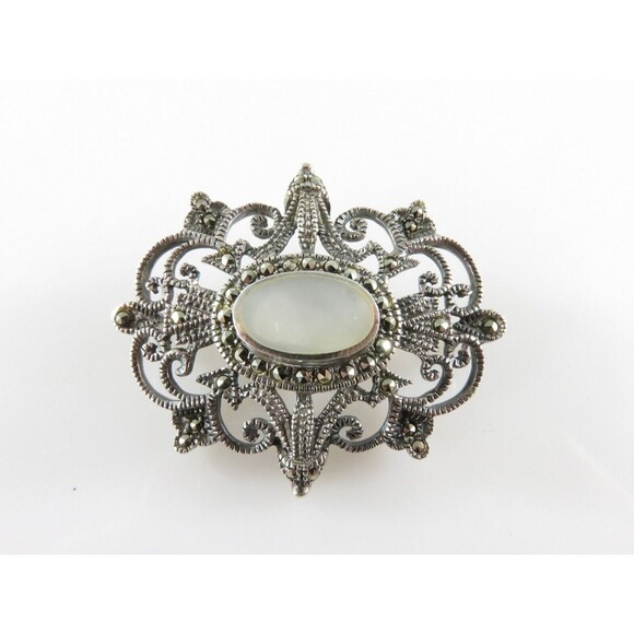 Lovely Sterling Marcasite Mother of Pearl Burst Brooch by Silver Unlimited - Picture 1 of 8